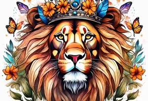 lion mane made of feathers covered in lilies and butterflies crown tattoo idea