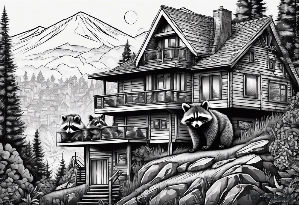 Very detailed Raccoon Husband with wife and 3 sons.
Background modern House between woods tattoo idea