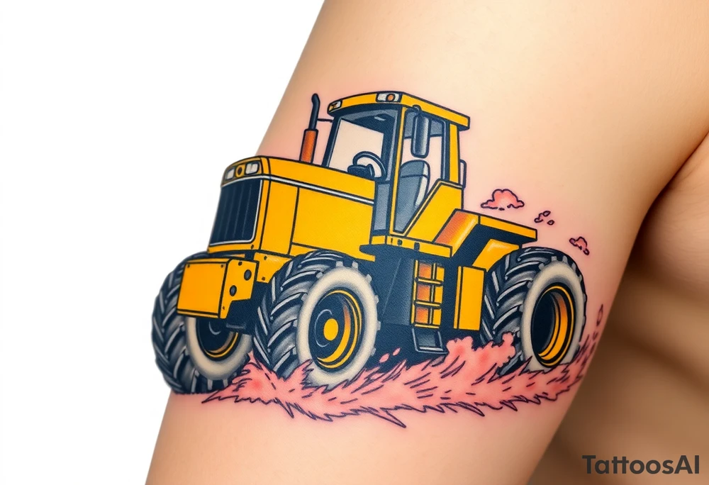 A hyper-realistic yellow tractor in motion, dust swirling around its massive tires. tattoo idea