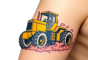 A hyper-realistic yellow tractor in motion, dust swirling around its massive tires. tattoo idea