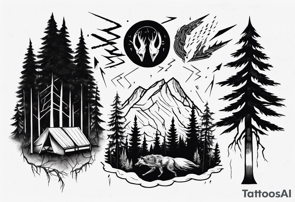 a thunder and lightning storm over a forest with a distant wolf howling and a drums tattoo idea