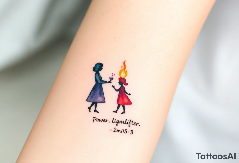 Silhouette of grandmother, mother and daughter passing a flame from oldest to youngest with the flame growing as it goes. Make the flame in watercolor motif and the silhouettes simple. Incorporate the words power, love and sound mind. Or 2 Timothy: 5-7 tattoo idea