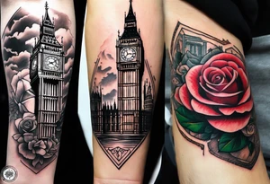 long sleeve tattoo with a rose on the bottom of the hand and then Big Ben above the rose blended with some buildings from London and then above that a lion tattoo idea