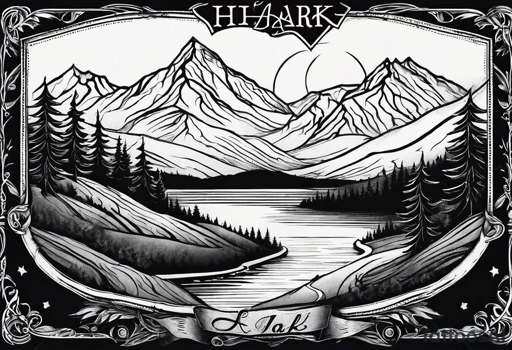 a road that is less traveled with a mountain and lake with the word "Hark" in a banner in a circle tattoo idea