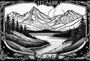 a road that is less traveled with a mountain and lake with the word "Hark" in a banner in a circle tattoo idea