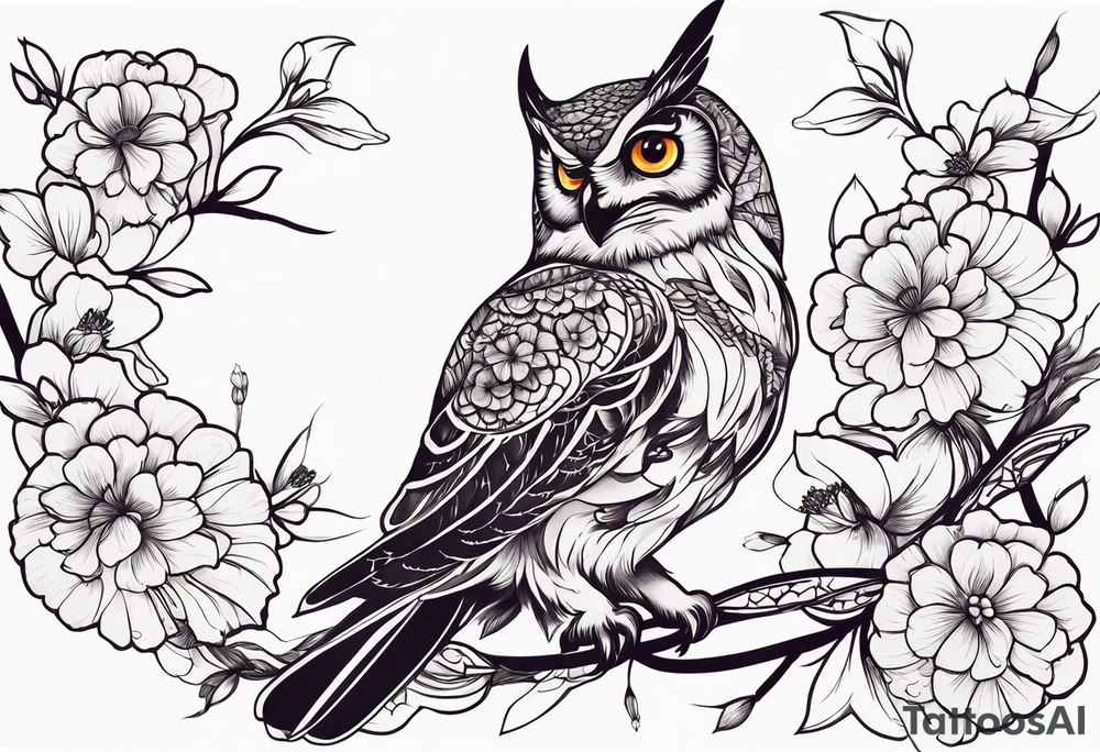 Owl, hummingbird, flowers tattoo idea