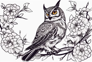 Owl, hummingbird, flowers tattoo idea