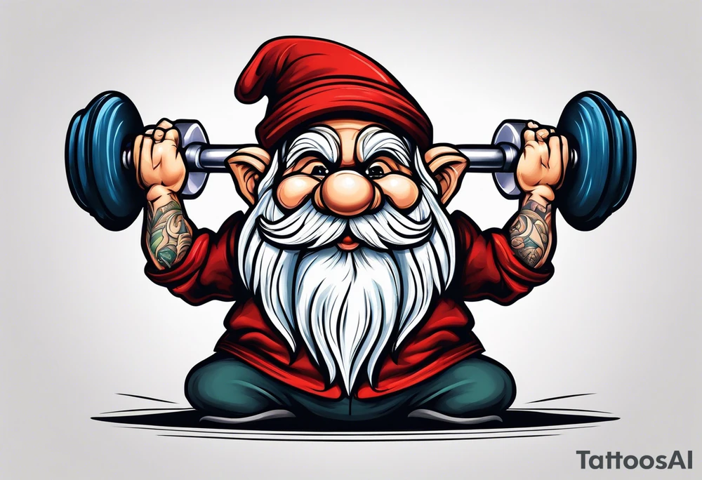 Strong old gnome lifting dumbells tattoo idea
