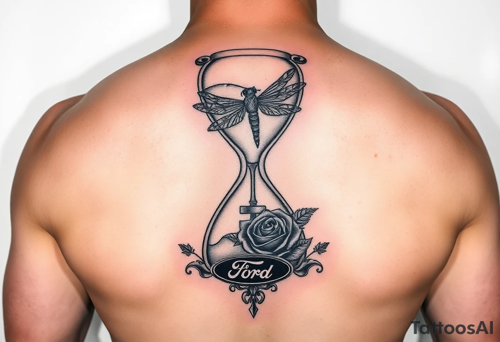 Hourglass with the letters J, A, C in the sand, dragonfly, cross, black rose, and Ford emblem as one tattoo tattoo idea