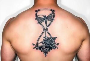 Hourglass with the letters J, A, C in the sand, dragonfly, cross, black rose, and Ford emblem as one tattoo tattoo idea