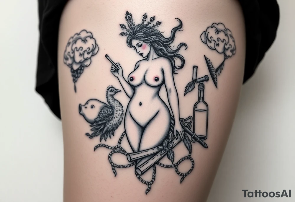 Storm clouds seven deadly sins and sexy naked fat woman, peacock, money ,pig , cigerette, cake, liquor bottle , sex, mirror razor blades, noose, menatar tattoo idea
