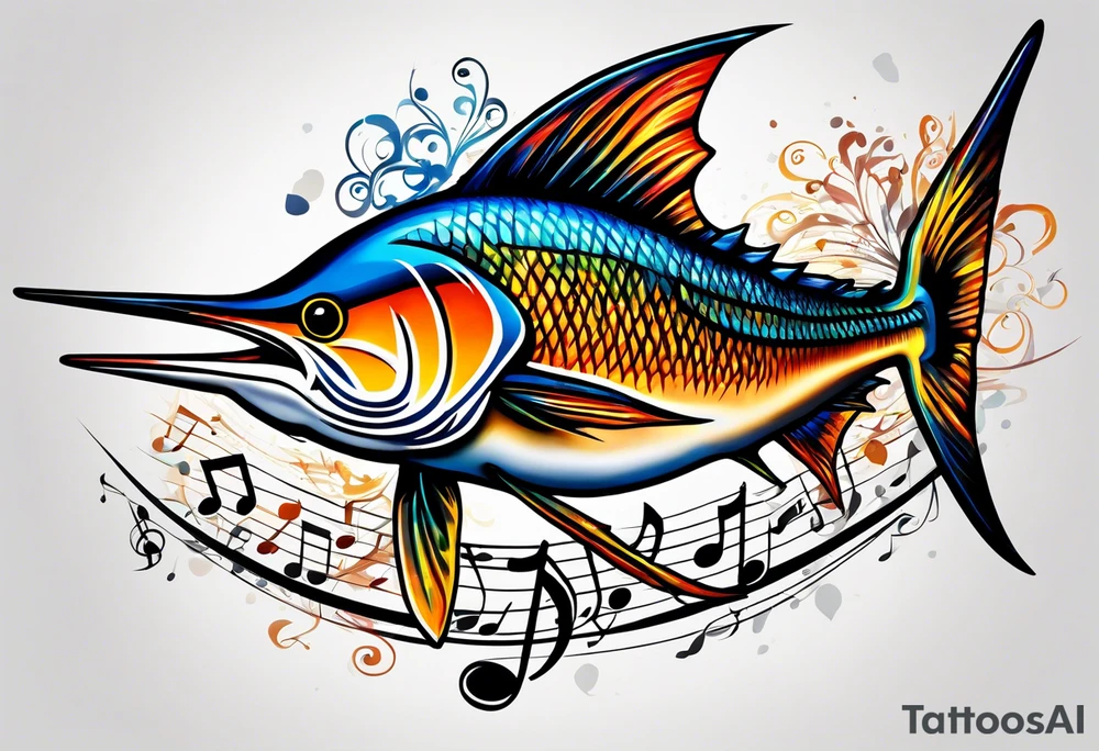 Marlin, musical notes, peace tattoo idea