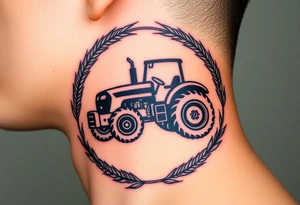 A tractor framed by a circular wreath of wheat and corn stalks, representing abundance and harvest. tattoo idea