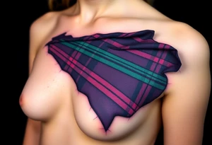 Lower chest

Dark Purple with green pink blue and white highlights tartan fabric with skin around edges peeling and wrapping around side of shoulder tattoo idea
