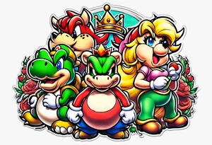 bowser holding Mario and Luigi severed heads with princess peach by bowsers side tattoo idea