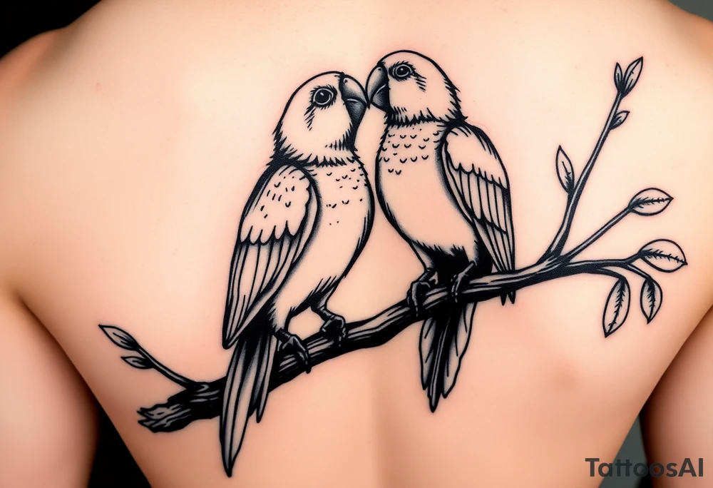 I want a tattoo with two parrots sitting on a tree. They kiss each other. tattoo idea