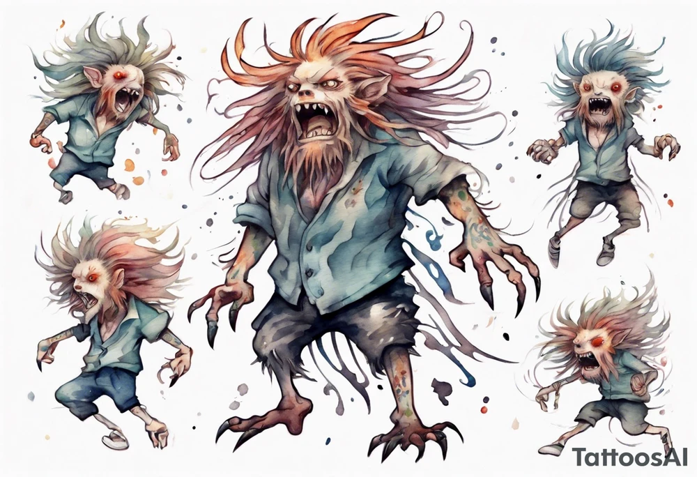 a thin creature walking upright with messy hair, white eyes, screaming tattoo idea