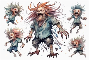 a thin creature walking upright with messy hair, white eyes, screaming tattoo idea