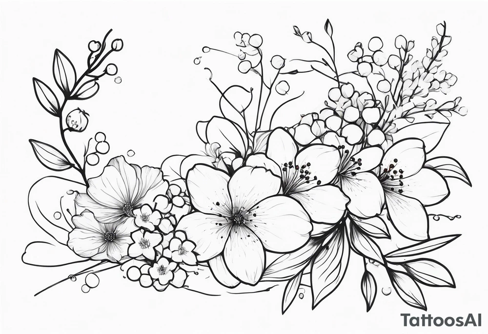 minimalist s-curve of cosmos flower, cherry blossoms, rowan tree berries and flowers, and lily of the valley tattoo idea