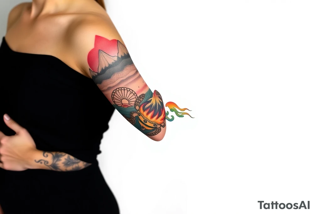 turtle sleeve with mountains, fire, water, air tattoo idea