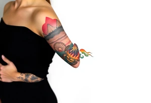 turtle sleeve with mountains, fire, water, air tattoo idea