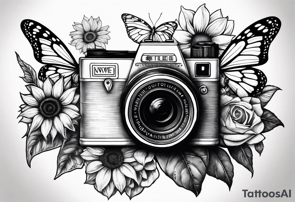 Butterfly, sunflower, camera, book, flower rose tattoo idea