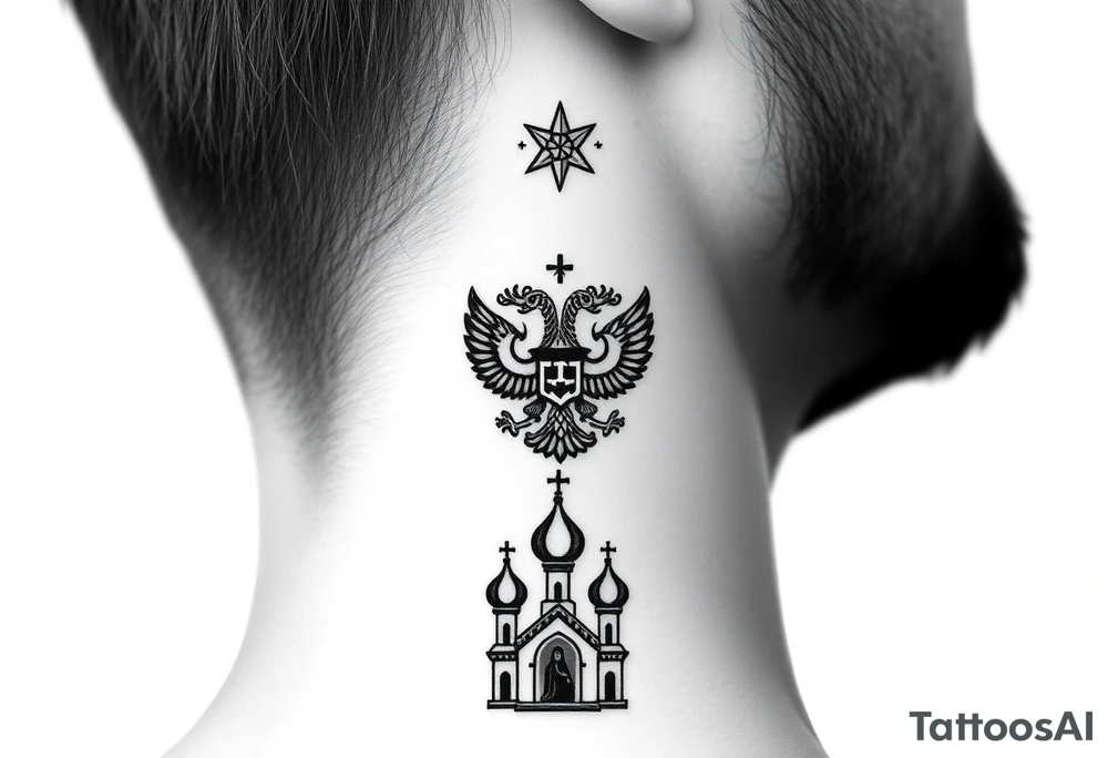 Stacked Vertical Column 

Russian star — small, bold
Middle: Miniature double-headed eagle — simplified, cleaner lines to suit the smaller space
Bottom: Orthodox church dome(s) with a small Virgin Mary silhouette beneath tattoo idea