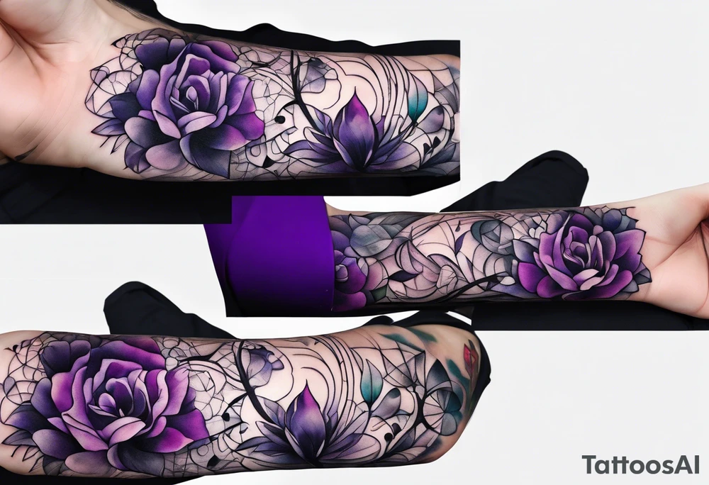 lines around wrist, abstract, black and purple, covered from wrist to forearm, fully covered, no borders, blackwork, no faces tattoo idea