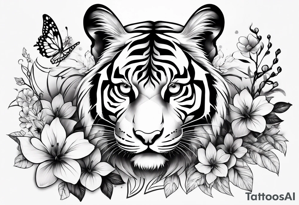 tiger, 3 butterflies, flowers for ladies thigh / hip shaded tattoo idea