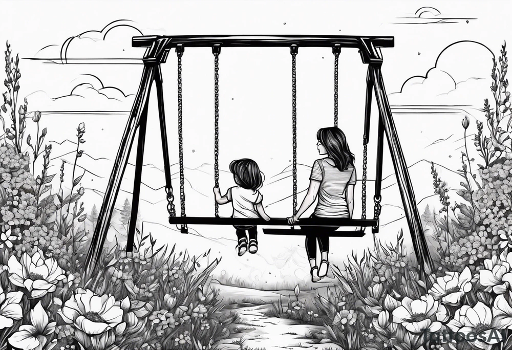 Mom with son and daughter on a swing in the distance in a field of flowers tattoo idea