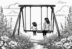 Mom with son and daughter on a swing in the distance in a field of flowers tattoo idea