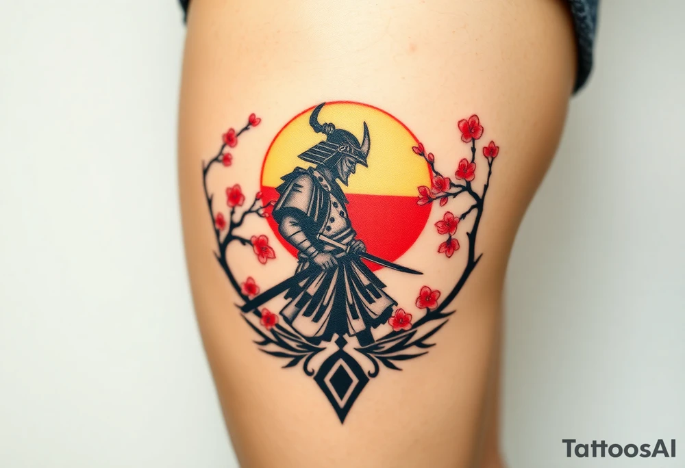 noble samurai warrior silhouette at sunset with cherry blossoms tattoo idea