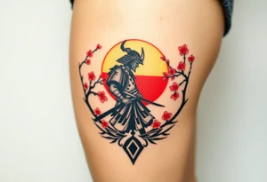 noble samurai warrior silhouette at sunset with cherry blossoms tattoo idea