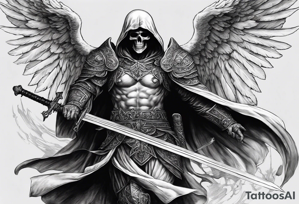 realistic angel of death, man, full body, no face visible, holding one sword, sword pointing downwards, skulls lying on the ground tattoo idea