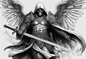 realistic angel of death, man, full body, no face visible, holding one sword, sword pointing downwards, skulls lying on the ground tattoo idea