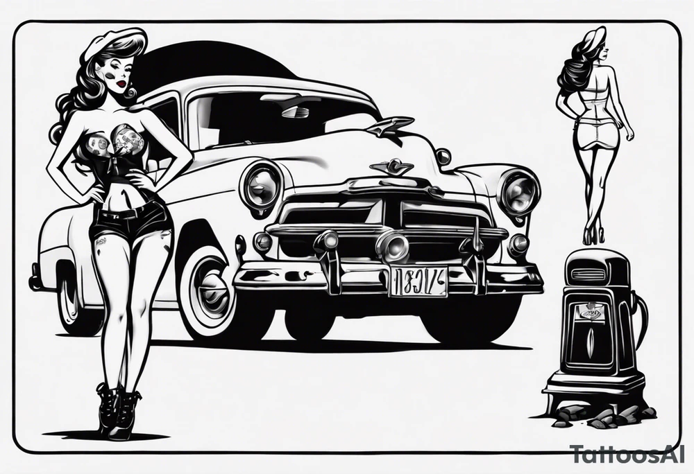 Pinup doll standing next to an old car along the beach tattoo idea