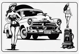 Pinup doll standing next to an old car along the beach tattoo idea