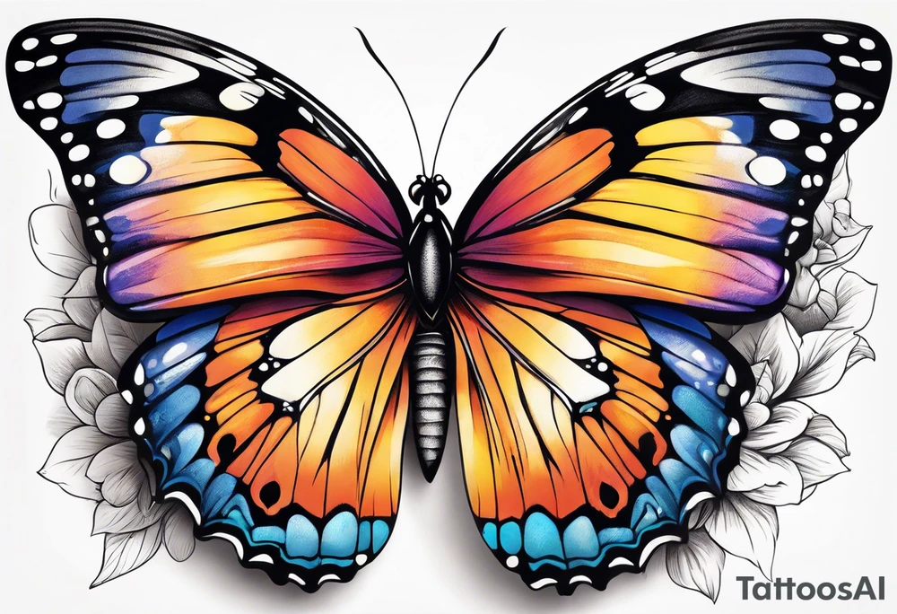 Butterfly: “A vibrant butterfly with colorful wings, resting on a flower, showcasing transformation and beauty.” tattoo idea