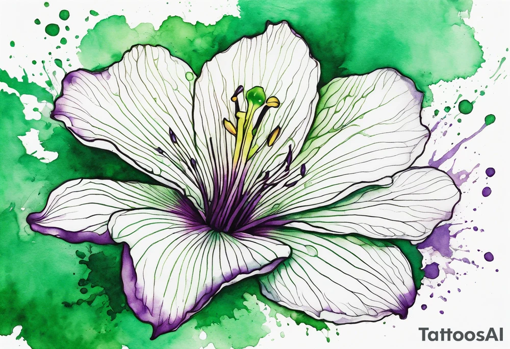 An outline of a green rio dipladenia flower and a green/purple watercolor splash in the background tattoo idea