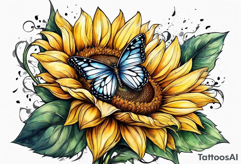 Sunflower with butterfly half leg sleeve tattoo idea