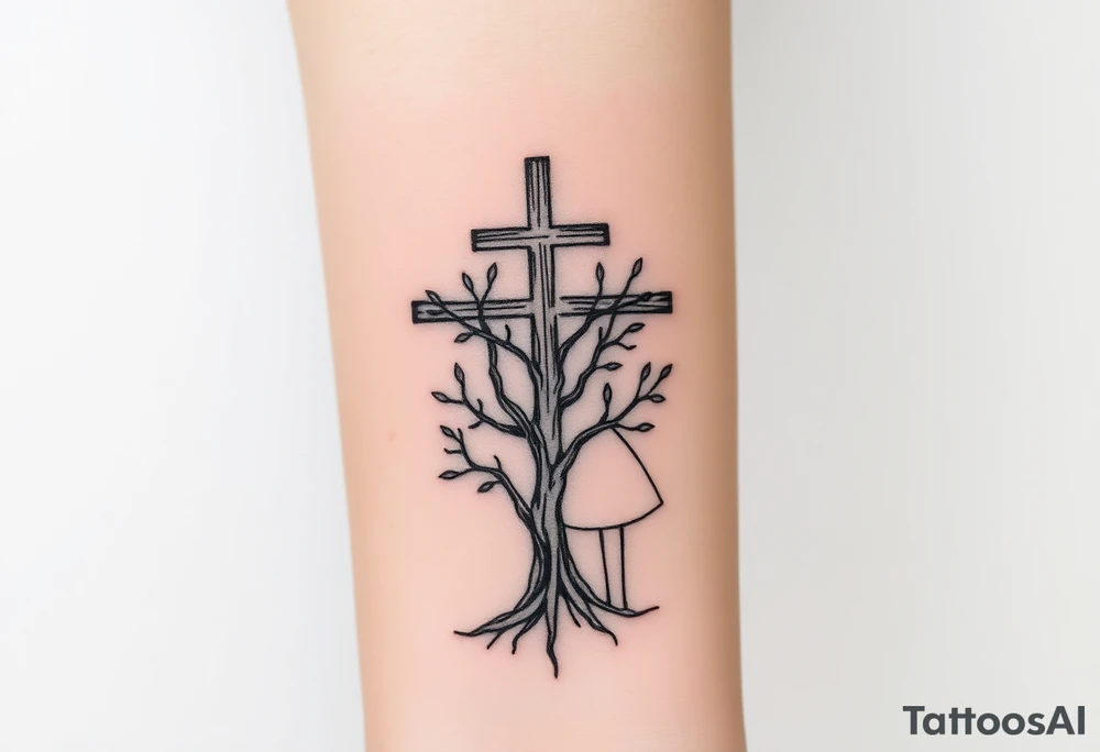 Father, mother, son, daughter standing with weathered cross like a tree intertwined tattoo idea