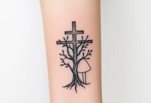 Father, mother, son, daughter standing with weathered cross like a tree intertwined tattoo idea