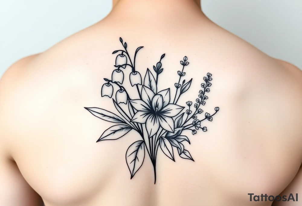 Minimalist design in black bunch of flowers 1 lily of the valley 1 daffodil 1 holly 1 larkspur tattoo idea