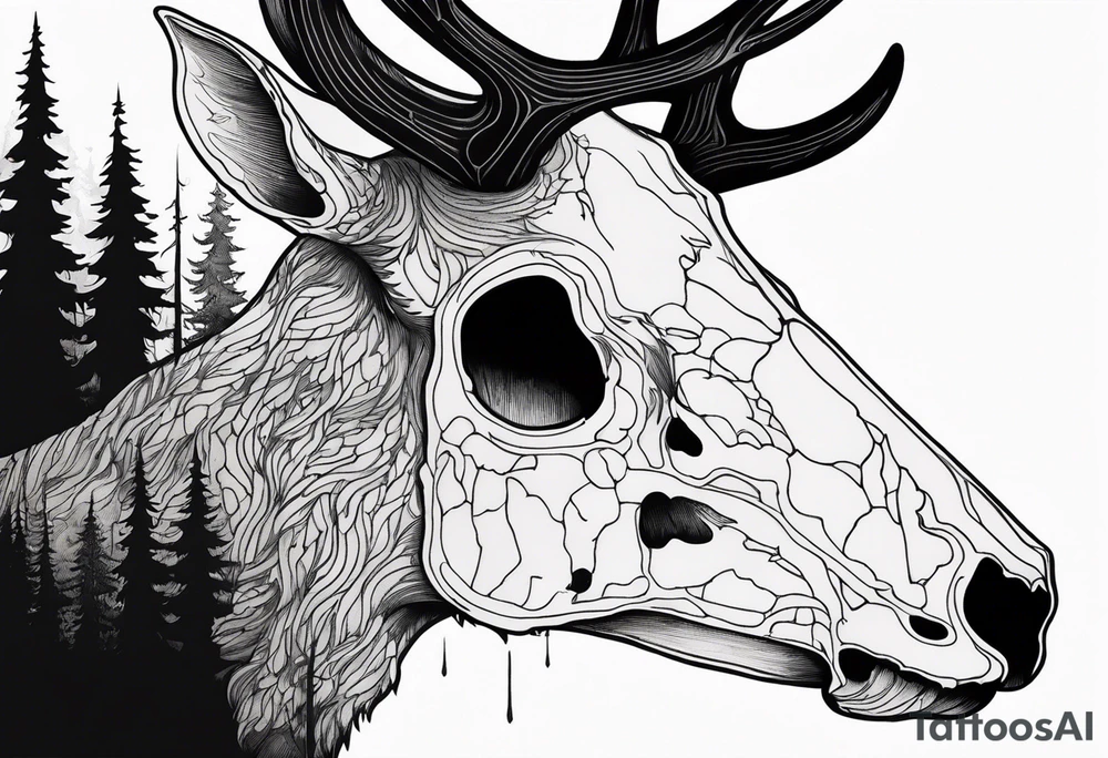 scary side view of a DECAYING deer skull JUST BONE surrounded by a forest fire in background tattoo idea