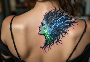 Thor’s epic battle against Hela, green energy clashing with his blue lightning, in a cinematic full-color piece. tattoo idea