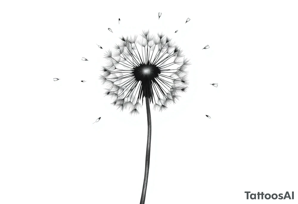Dandelion
This image showcases a black-and-white watercolor-style illustration of a dandelion. The dandelion is depicted in fine detail, with its delicate seeds dispersing into the air. The artistic approach includes an ink-wash effect, where the stems appear to be dripping down like wet ink or paint, creating a dreamy and fluid aesthetic.

The background is minimalistic, with soft splatters and shading, adding to the abstract and ethereal feel. The contrast between the dark ink and the white background gives the image a striking, modern, and artistic look. It conveys themes of freedom, change, and the fleeting nature of time. Let me know if you need any modifications or a custom version of this design! tattoo idea