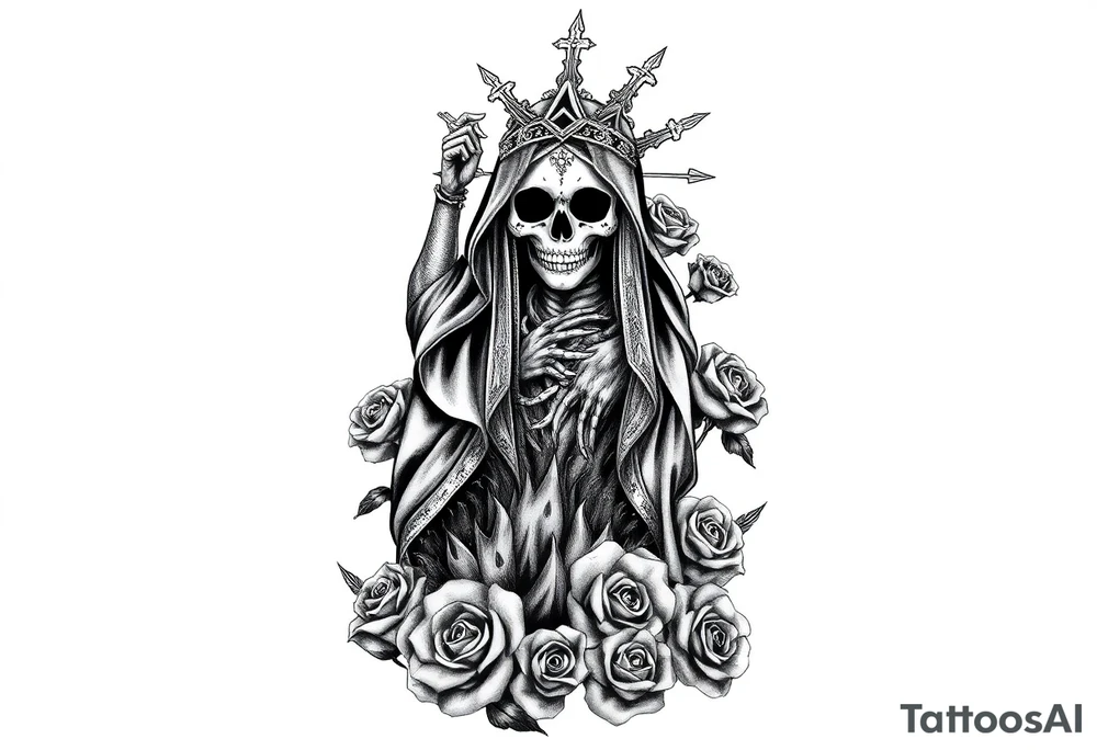 Powerful and evil Santa muerte rising from the ashes of hell, surrounded by unclaimed souls and roses tattoo idea
