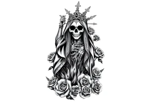 Powerful and evil Santa muerte rising from the ashes of hell, surrounded by unclaimed souls and roses tattoo idea