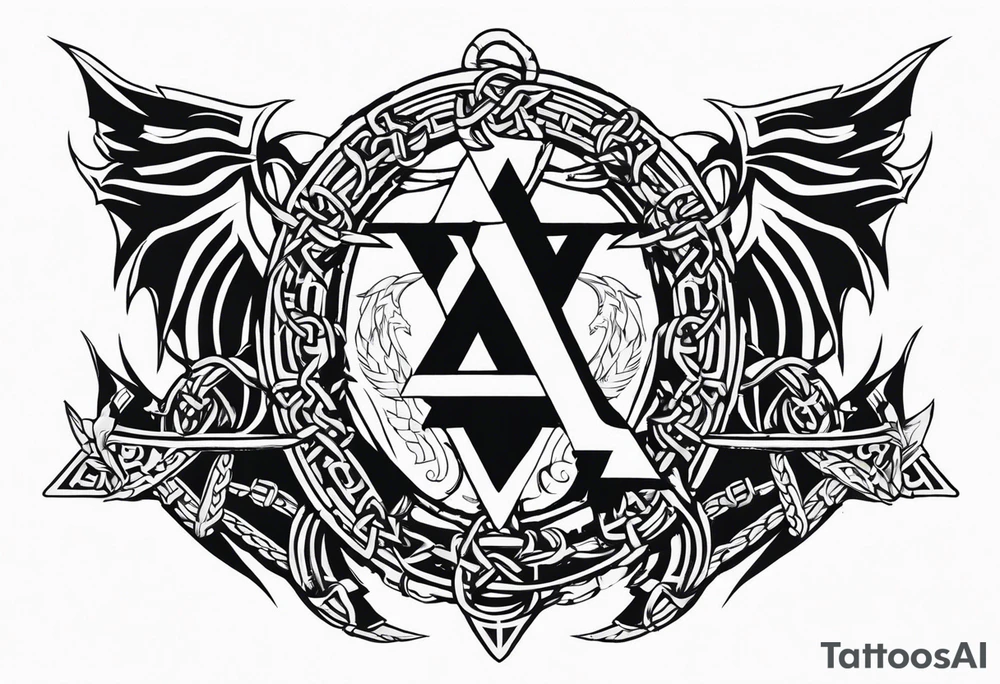 Valhalla sword shield dragon axe Valknut barbed wire chains tribal tattoo idea Valhalla sword shield dragon axe Valknut barbed wire chains tribal tattoo idea