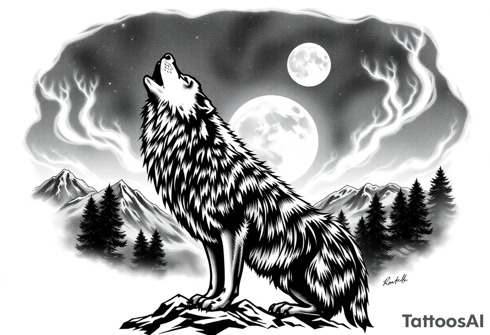 lone wolf howling at full moon with northern lights backdrop tattoo idea